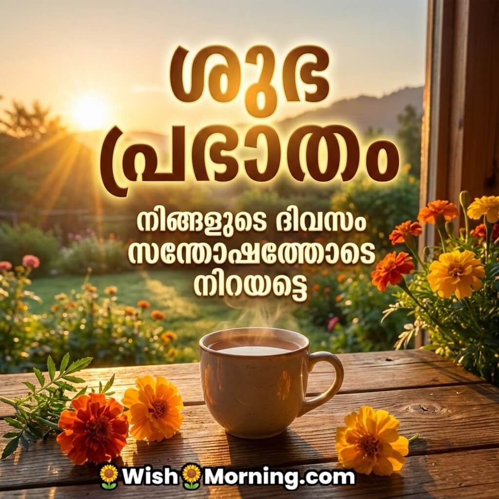 Malayalam Good Morning greeting image featuring a steaming tea cup on wooden table with marigold flowers and beautiful garden sunrise in the background.