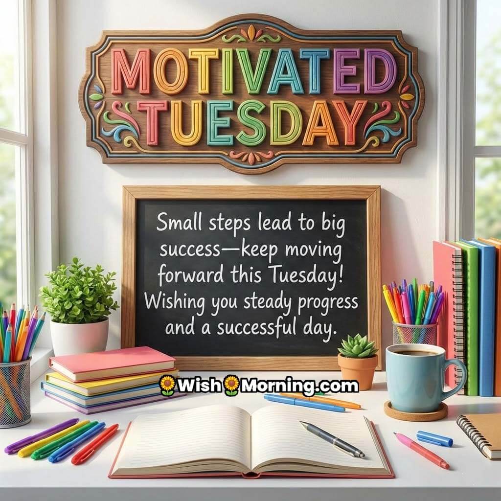 Motivated Tuesday message image showing a bright workspace with books, notebook, pens, coffee cup, and a positive learning environment.