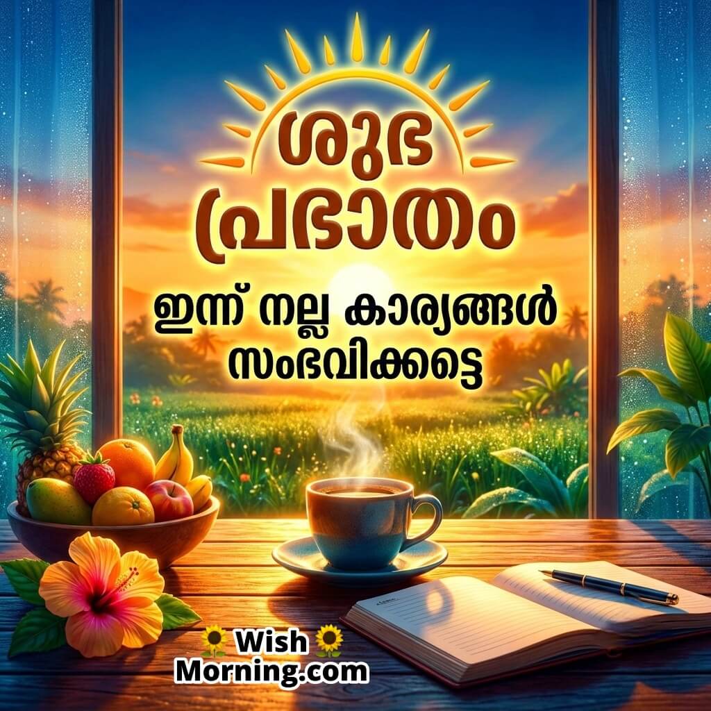 Malayalam Good Morning inspirational image with sunrise over green field, steaming coffee cup, fruits bowl and open diary on wooden table.