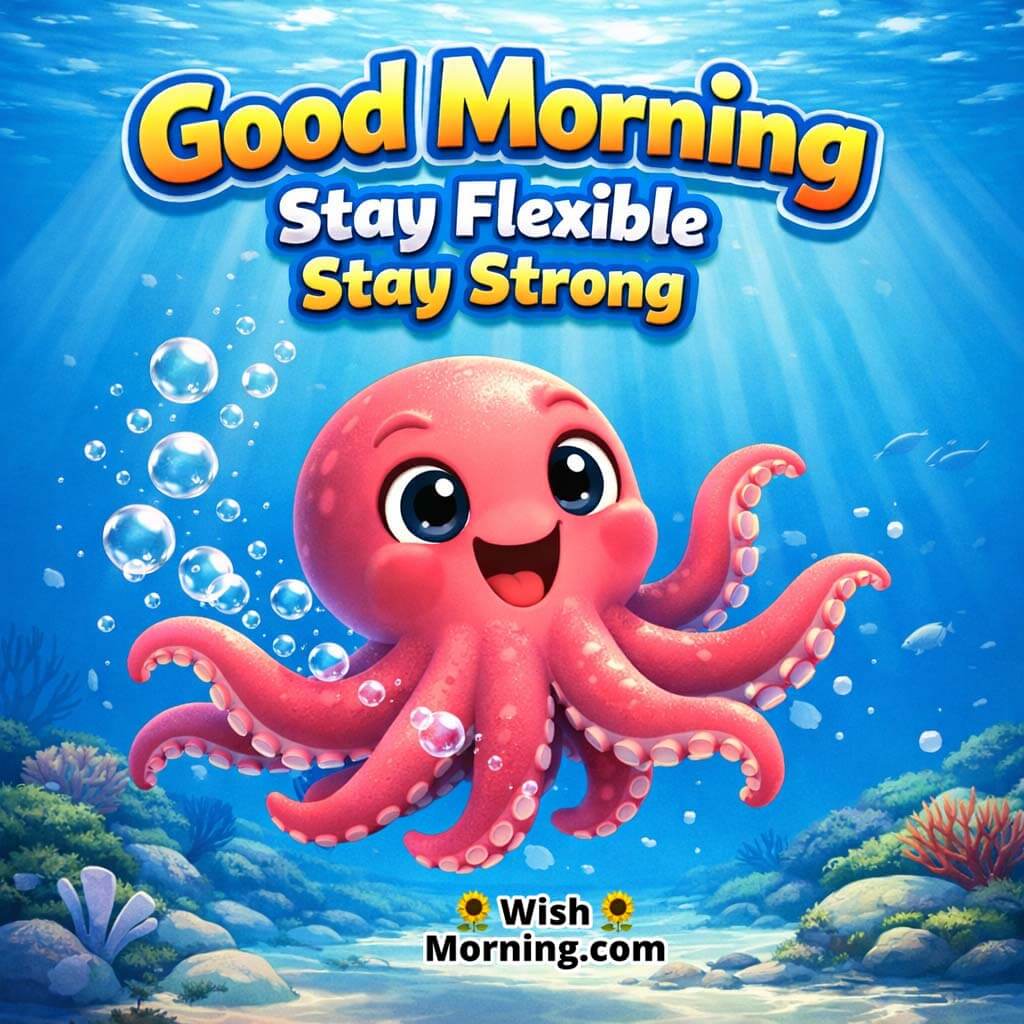 Octopus Bubble Trail Good Morning Picture featuring a cute octopus swimming with a bubble trail in clear blue water and gentle rays, symbolizing flexibility and inner strength.