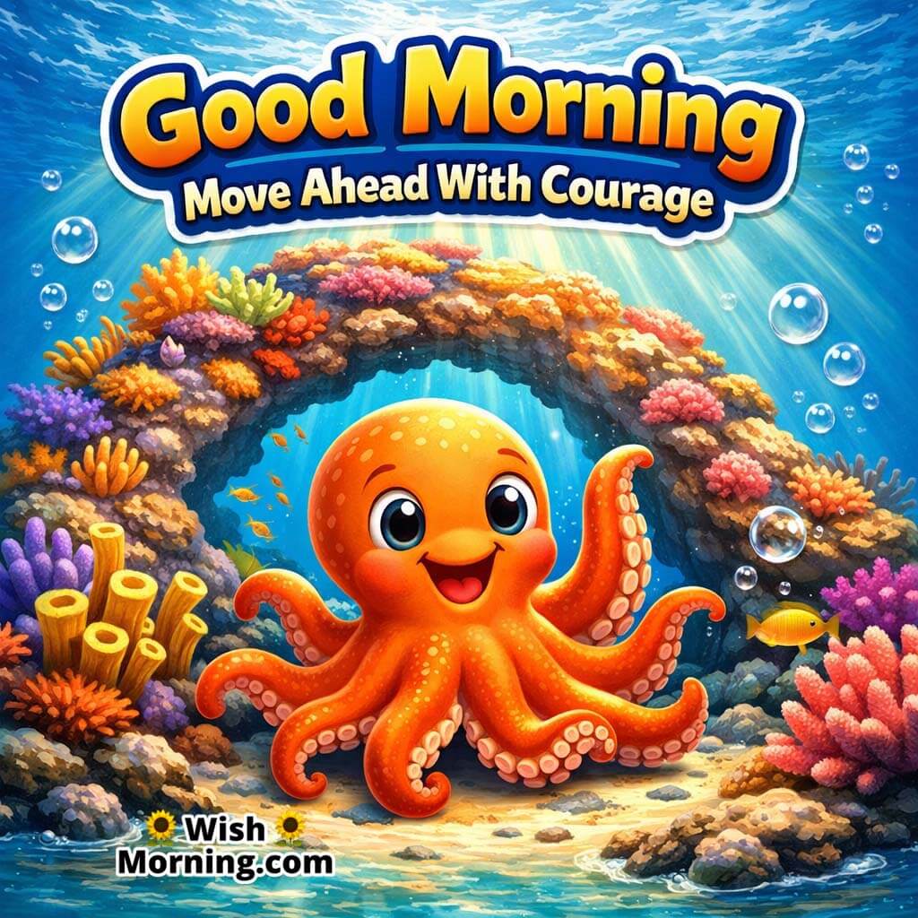 Octopus Coral Arch Good Morning Picture featuring an octopus near a coral arch with soft rays and bubbles, symbolizing courage and confident movement.