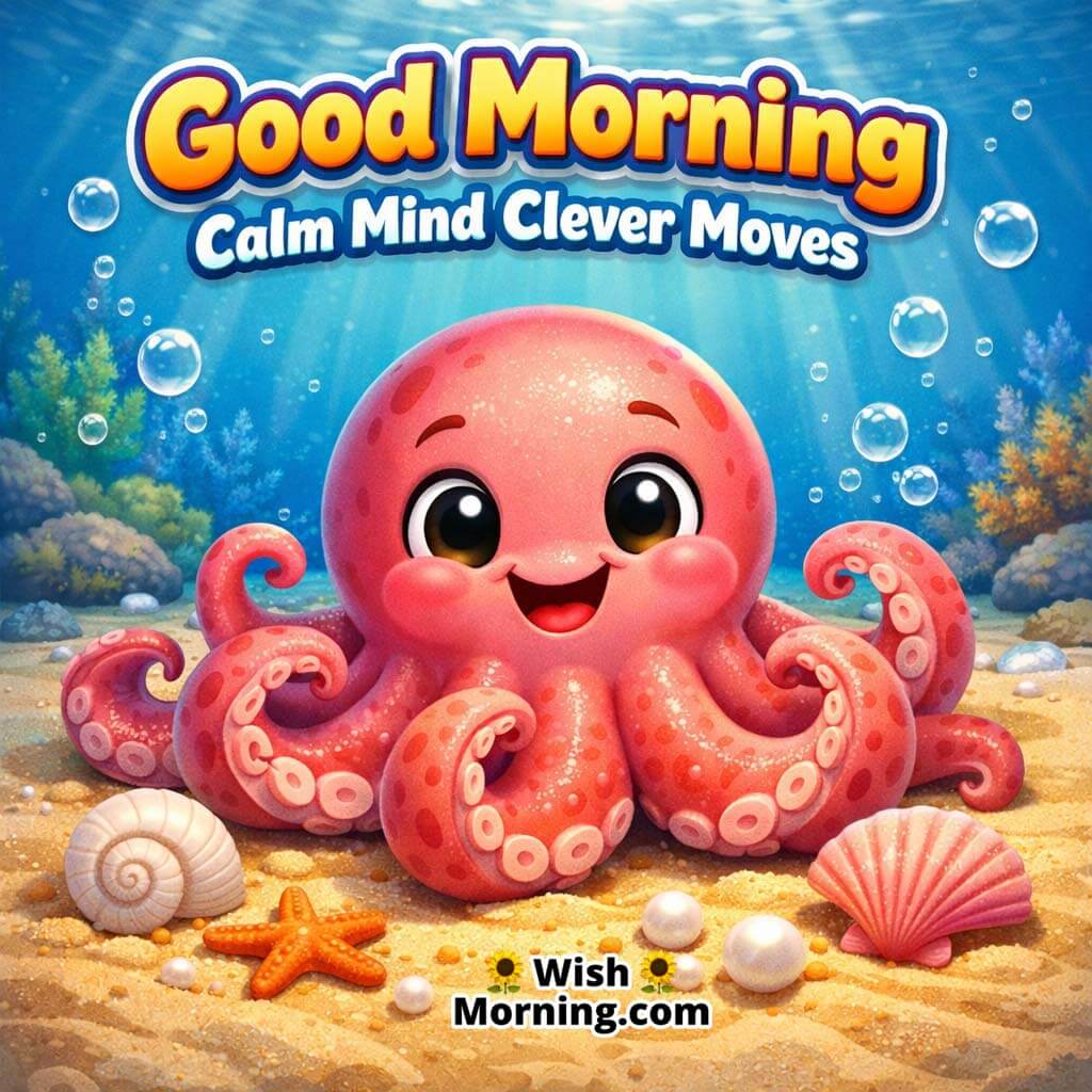 Octopus Sandy Seabed Good Morning Photo featuring a friendly octopus on bright sand with shells and soft light beams, symbolizing calm focus and clever progress.