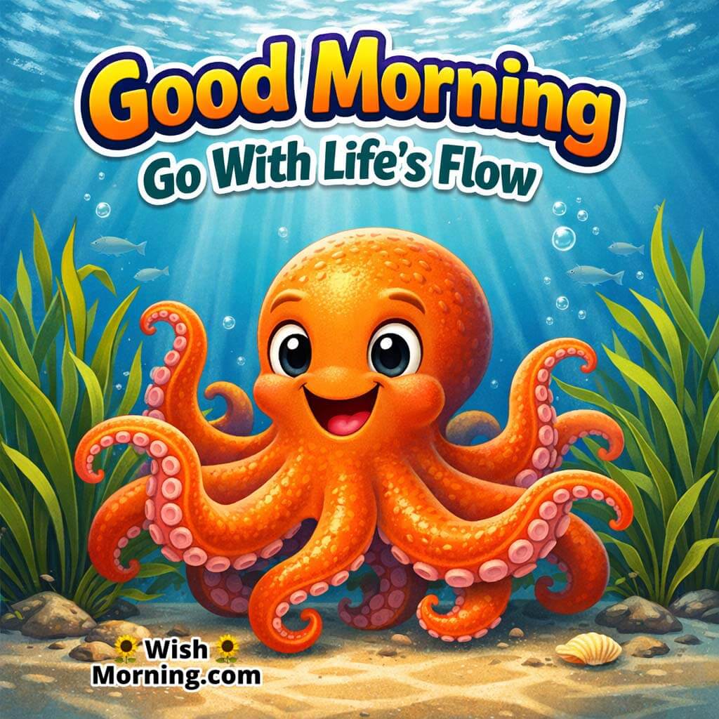 Octopus Sea Grass Good Morning Image featuring an octopus near swaying sea grass in clean water clarity with sunbeams, symbolizing smooth flow and peaceful balance.