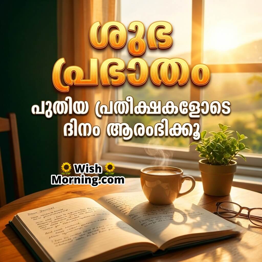 Malayalam Good Morning greeting featuring a warm coffee cup, open notebook and small plant near window with soft morning sunlight.