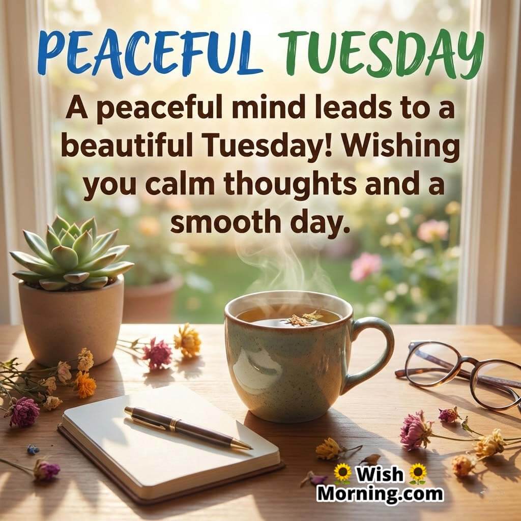 Peaceful Tuesday message image featuring a serene desk by a window with a warm cup of tea, notebook, flowers, and soft morning light.