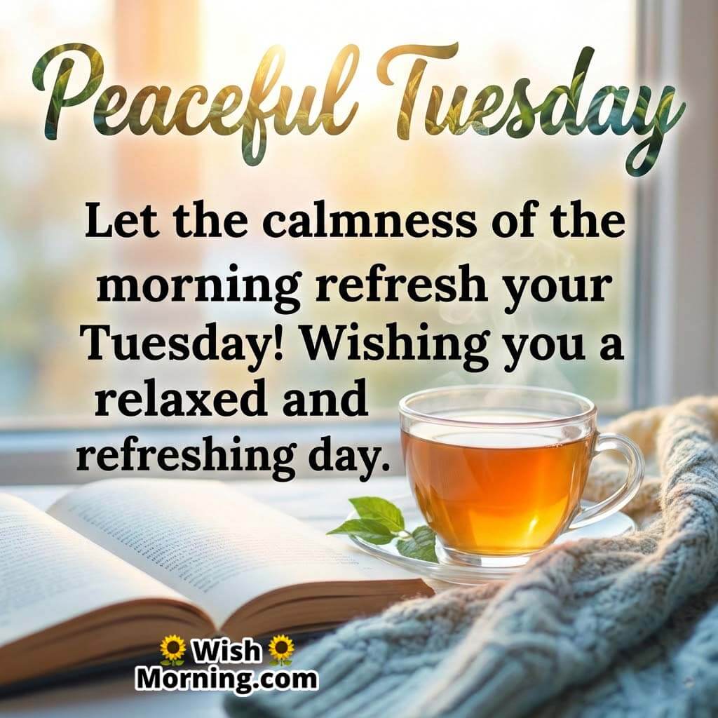 Peaceful Tuesday message image showing a warm cup of tea beside an open book and cosy blanket near a window, reflecting relaxation and morning calm.
