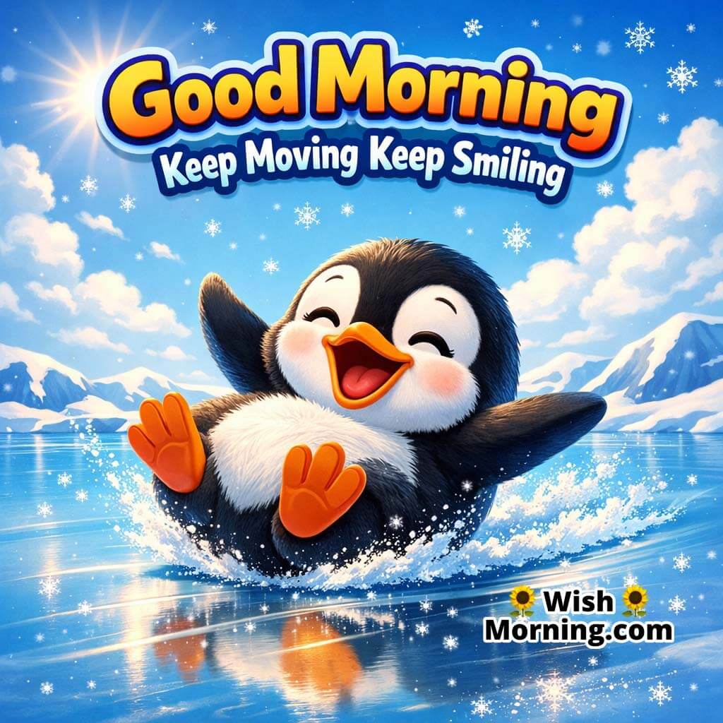 Penguin Ice Slide Good Morning Photo featuring a happy penguin sliding on smooth ice with tiny snow sparkles and bright sky, symbolizing playful energy and cheerful movement.