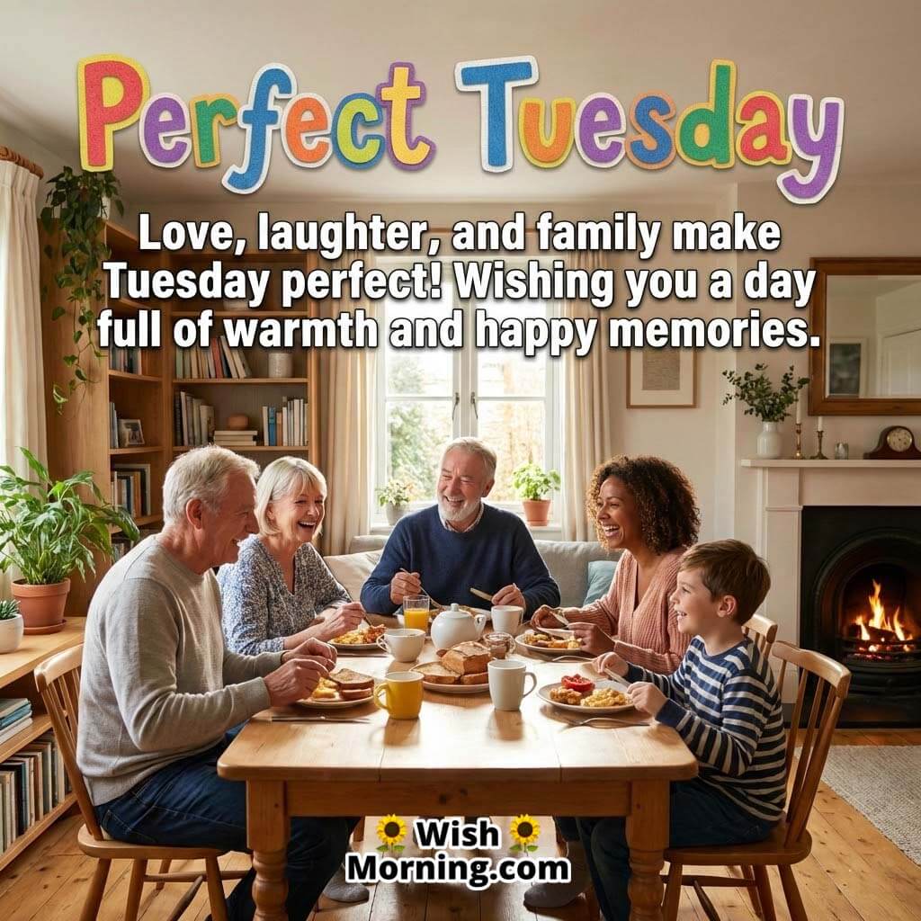 Perfect Tuesday message image featuring a cheerful family gathered around a dining table, enjoying breakfast, laughter, and togetherness.
