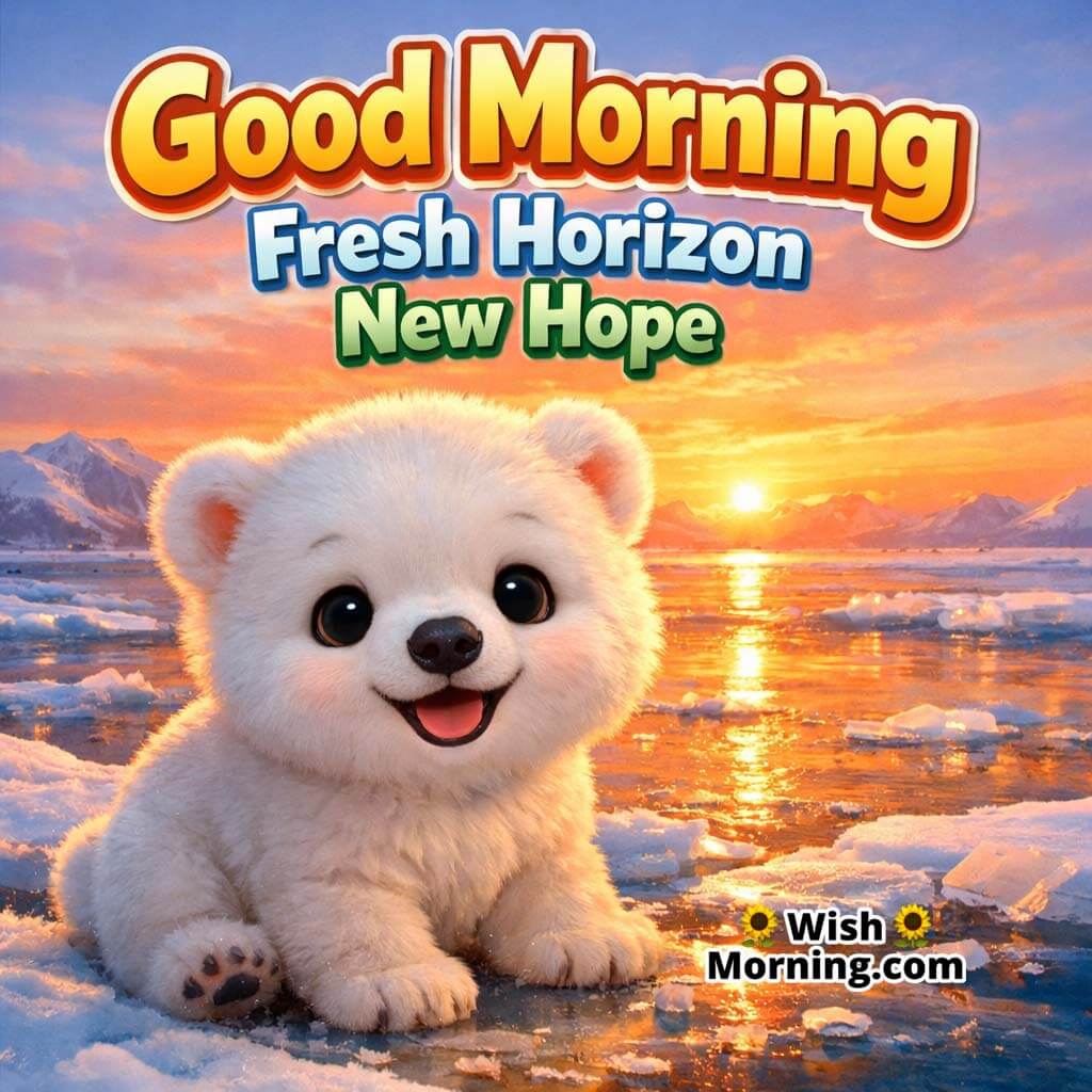 Polar Bear Cub Frozen Shore Good Morning Image featuring a cute polar bear cub near a frozen shore with sunrise reflections on icy water, symbolizing new hope and fresh horizons.