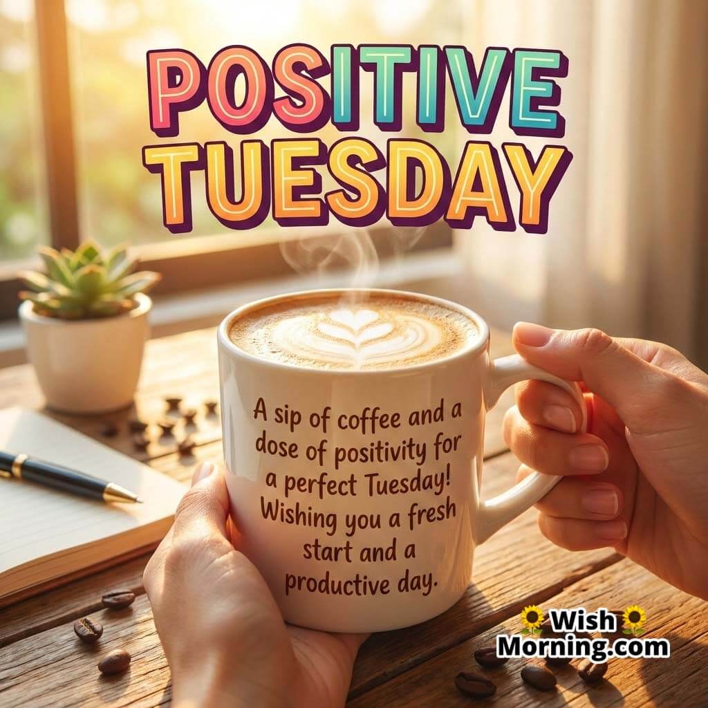 Positive Tuesday message image showing hands holding a coffee mug near a notebook and pen by a window, reflecting positivity and focus.
