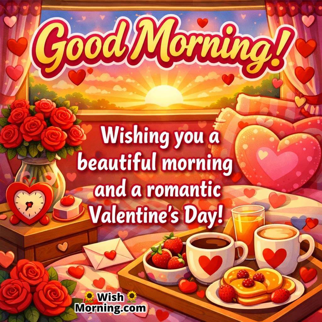 A bouquet of fresh red roses on a breakfast table, symbolizing romance and sweet Valentine’s Day wishes.