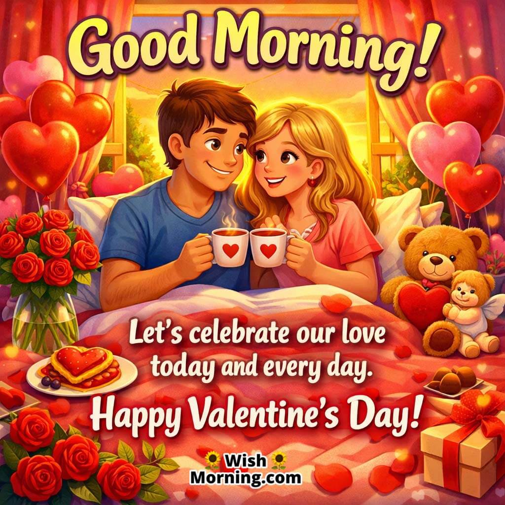A couple embracing in soft morning light, surrounded by hearts and flowers, symbolizing love and sweet Valentine’s Day wishes.