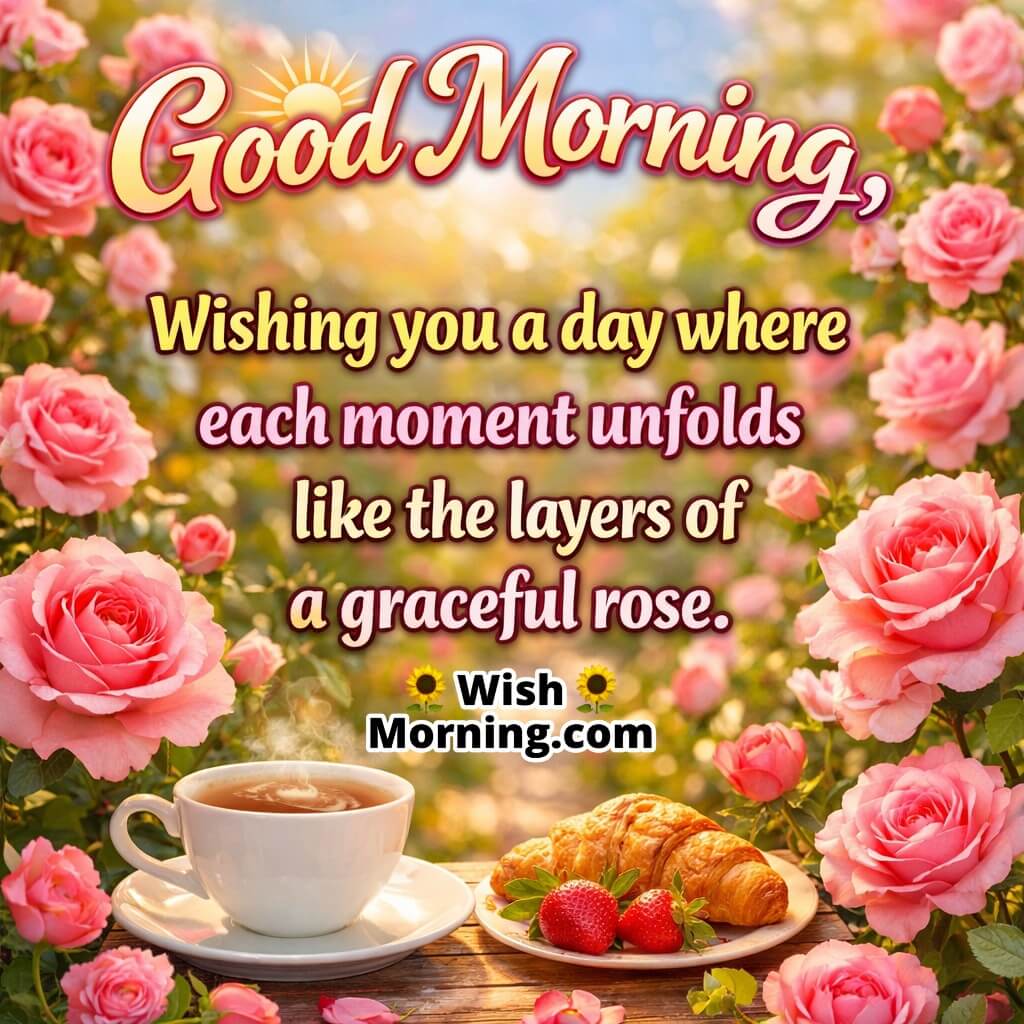 Romantic Good Morning rose quote showing a peaceful breakfast table with coffee, croissant, and strawberries surrounded by roses, reflecting layered love, warmth, and calm morning emotions.