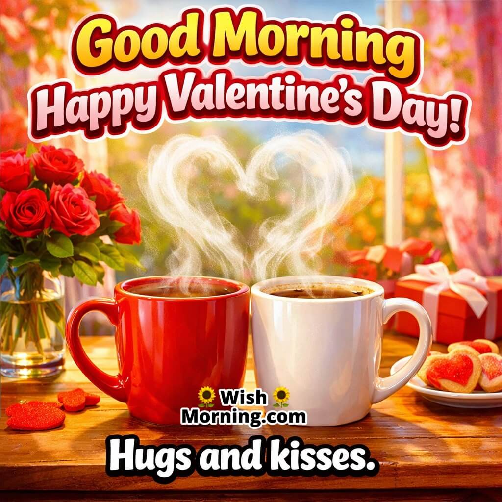 Good Morning Happy Valentine’s Day greeting featuring red and white coffee mugs with heart-shaped steam, roses and romantic Hugs and kisses message.