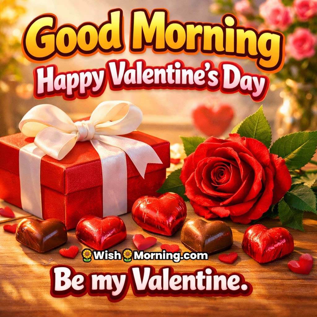 Good Morning Happy Valentine’s Day greeting featuring red gift box, single red rose and heart-shaped chocolates with Be my Valentine message.