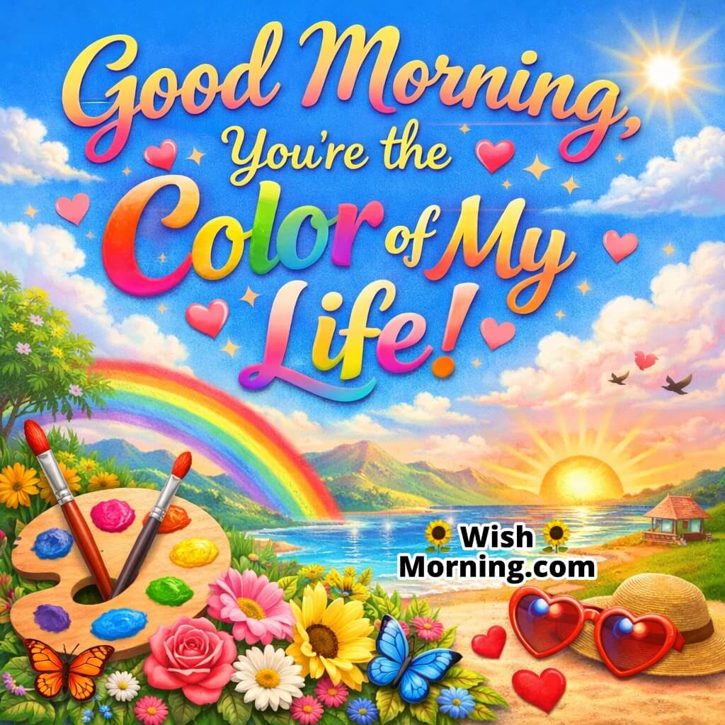 Romantic love quote Good Morning image showing a bright sunrise by the sea with a rainbow, flowers, and artistic elements, reflecting love as the colour of life.