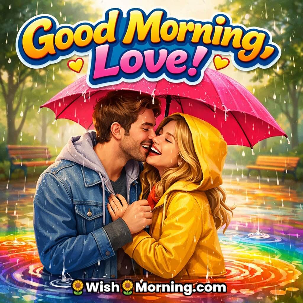 A cheerful couple kissing in the rain, full of playful morning energy.