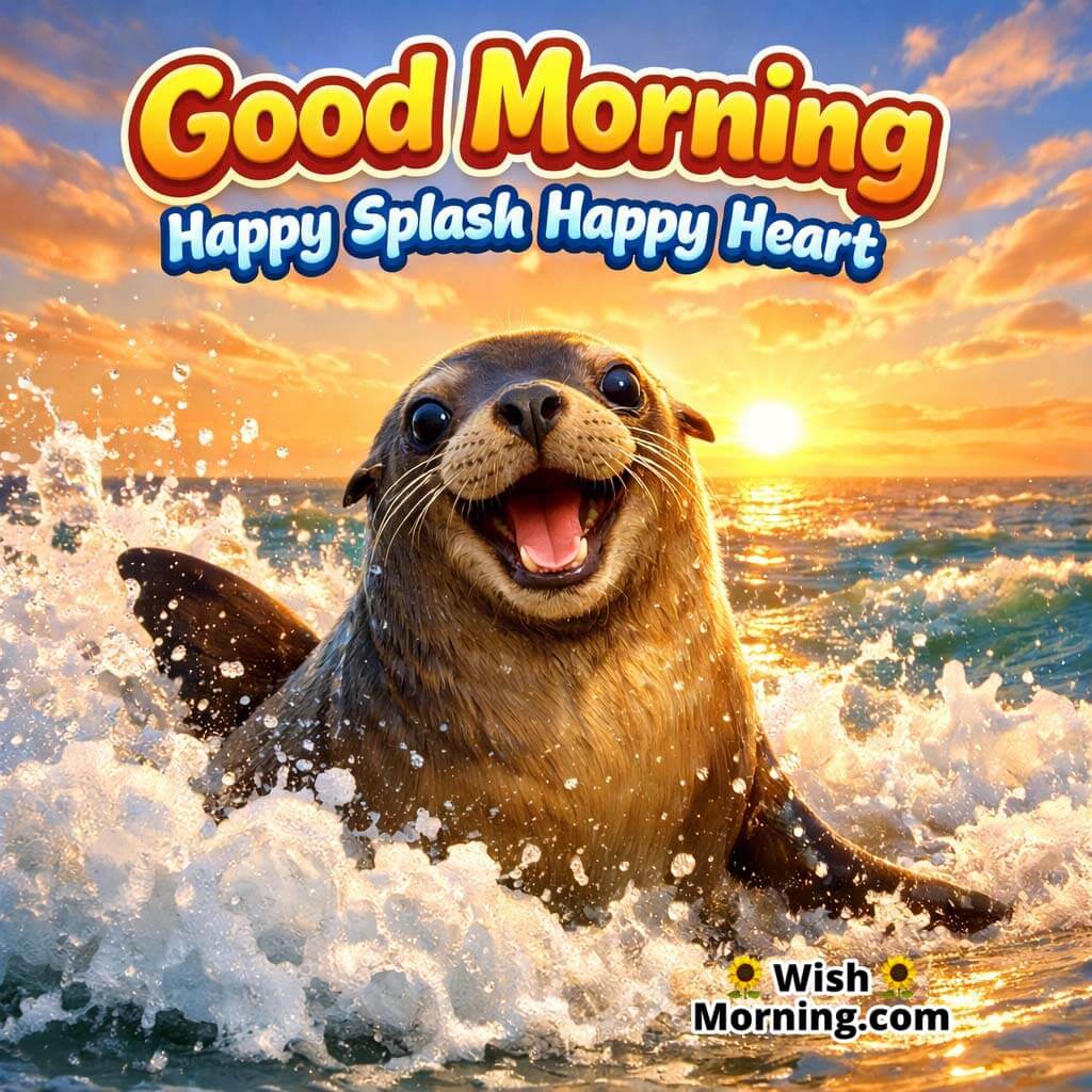 Sea Lion Foam Waves Good Morning Picture featuring a playful sea lion near white foam waves with sparkling water under sunrise glow, symbolizing joyful energy and a happy heart.