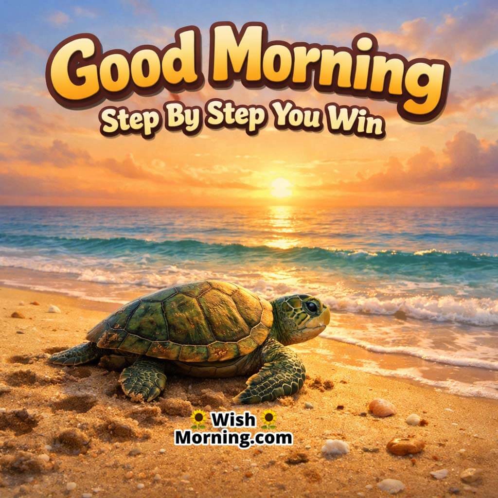 Sea Turtle Beach Walk Good Morning Photo featuring a sea turtle walking on sandy beach toward calm water under sunrise light, symbolizing patience and step by step progress.