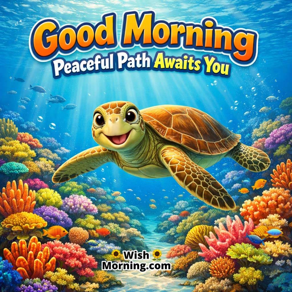 Sea Turtle Coral Reef Good Morning Picture featuring a sea turtle gliding near colourful corals in clean blue water with gentle light rays, symbolizing peaceful direction and inner balance.