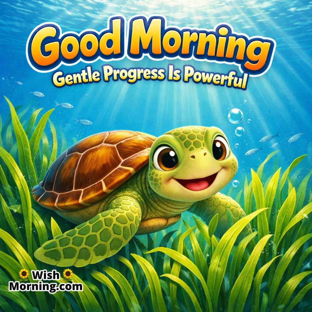 Sea Turtle Sea Grass Good Morning Picture featuring a sea turtle near swaying sea grass in gentle rays and clean ocean tones, symbolizing gentle growth and peaceful focus.