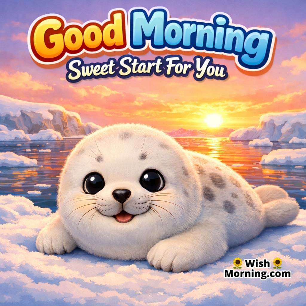 Seal Snow Glow Good Morning Picture featuring a cute seal resting on snow near icy water with gentle sunrise light, symbolizing sweet comfort and calm beginnings.