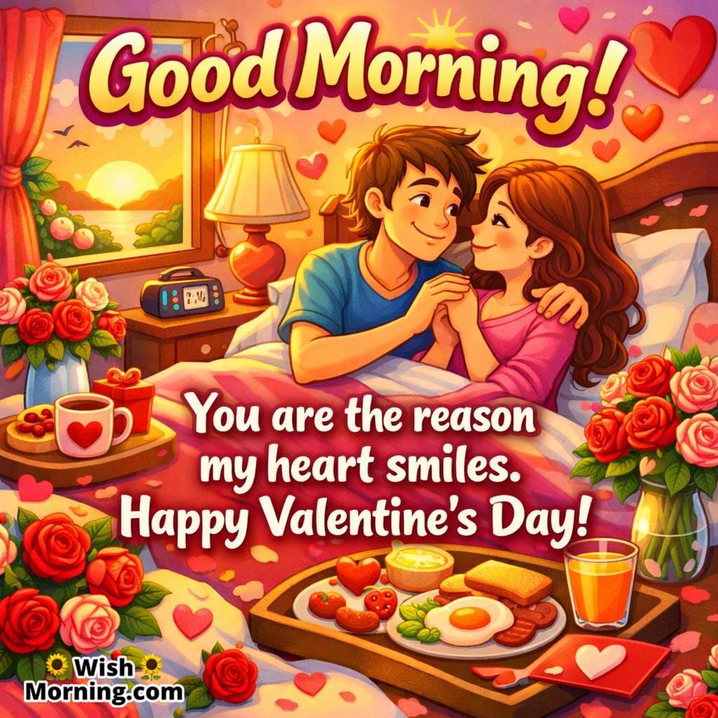 A couple smiling together in the soft morning glow, symbolizing love, joy, and sweet Valentine’s Day wishes.