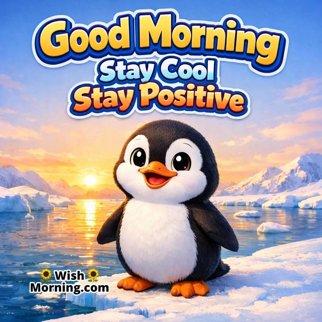 Smiling Penguin Icy Water Good Morning Image featuring a cheerful penguin near icy water under soft sunrise light and clean arctic sky, symbolizing cool confidence and positive thoughts.