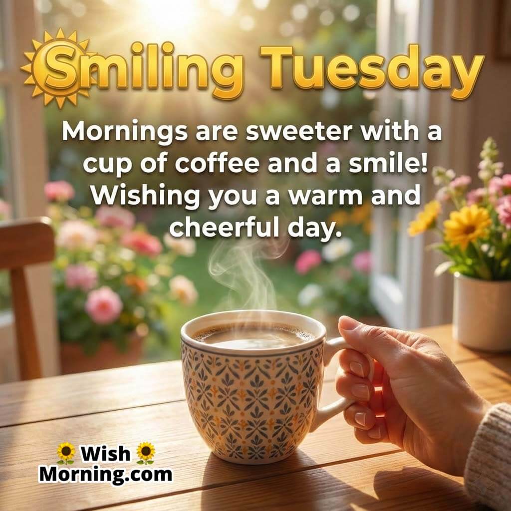 Smiling Tuesday message image featuring a warm cup of coffee on a table near a window with flowers and sunlight, symbolising happiness and calm.