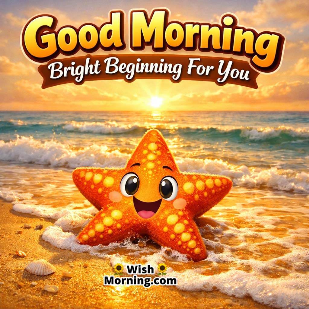 Starfish Shoreline Glow Good Morning Picture featuring a bright starfish near soft shoreline waves in golden morning light, symbolizing fresh beginnings and hopeful vibes.