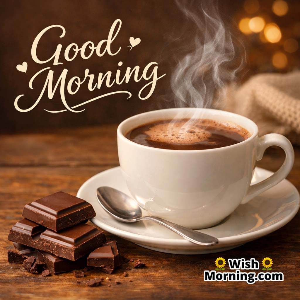 Chocolate and coffee delight image showing a steaming cup of coffee with chocolate pieces beside it, creating a warm and sweet good morning mood.