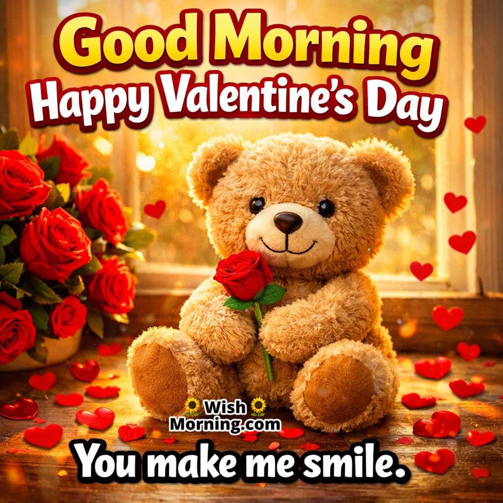 Good Morning Happy Valentine’s Day image with teddy bear holding red rose, scattered hearts and romantic sunrise background with love message.