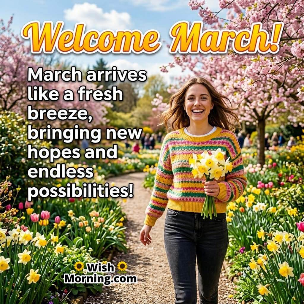 Welcome March Fresh Breeze Message Image featuring a smiling woman walking on a garden path with yellow daffodils and pink blossoms symbolizing new hopes and fresh possibilities.