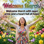 Welcome March Hopeful New Beginning Wish Image featuring a woman standing with open arms in a colorful flower garden under blooming trees symbolizing hope, gratitude, and a fresh start.
