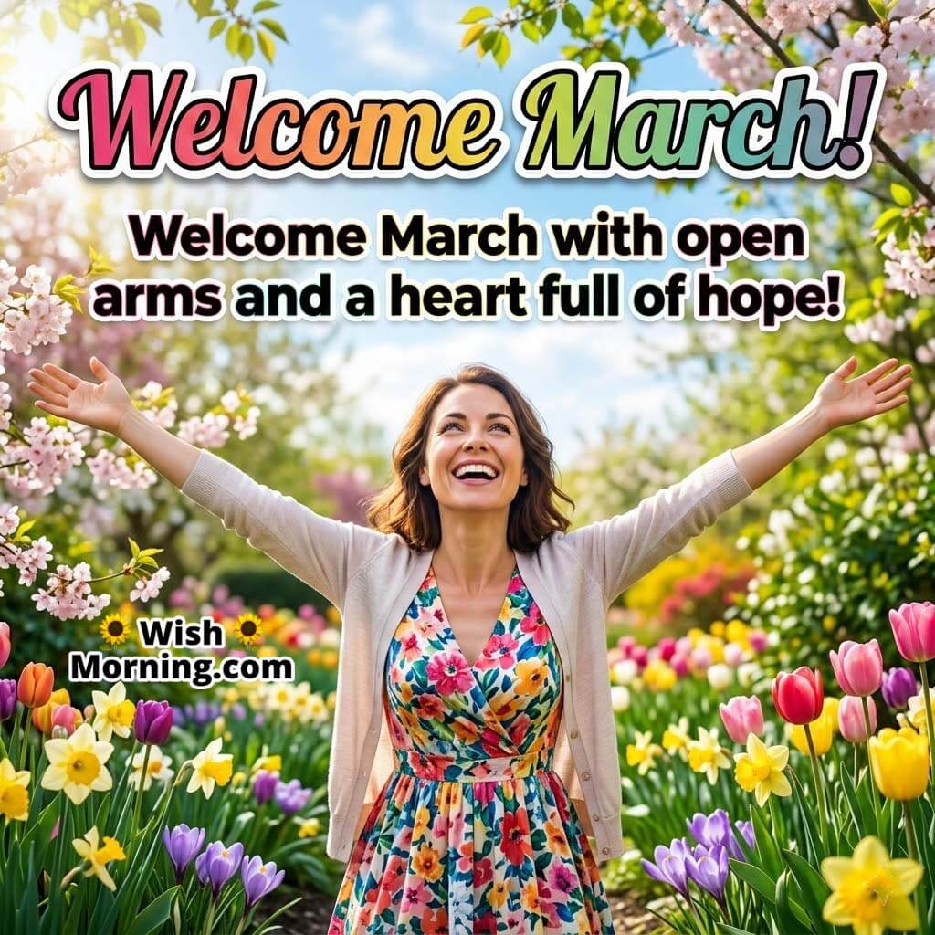 Welcome March Hopeful New Beginning Wish Image featuring a woman standing with open arms in a colorful flower garden under blooming trees symbolizing hope, gratitude, and a fresh start.