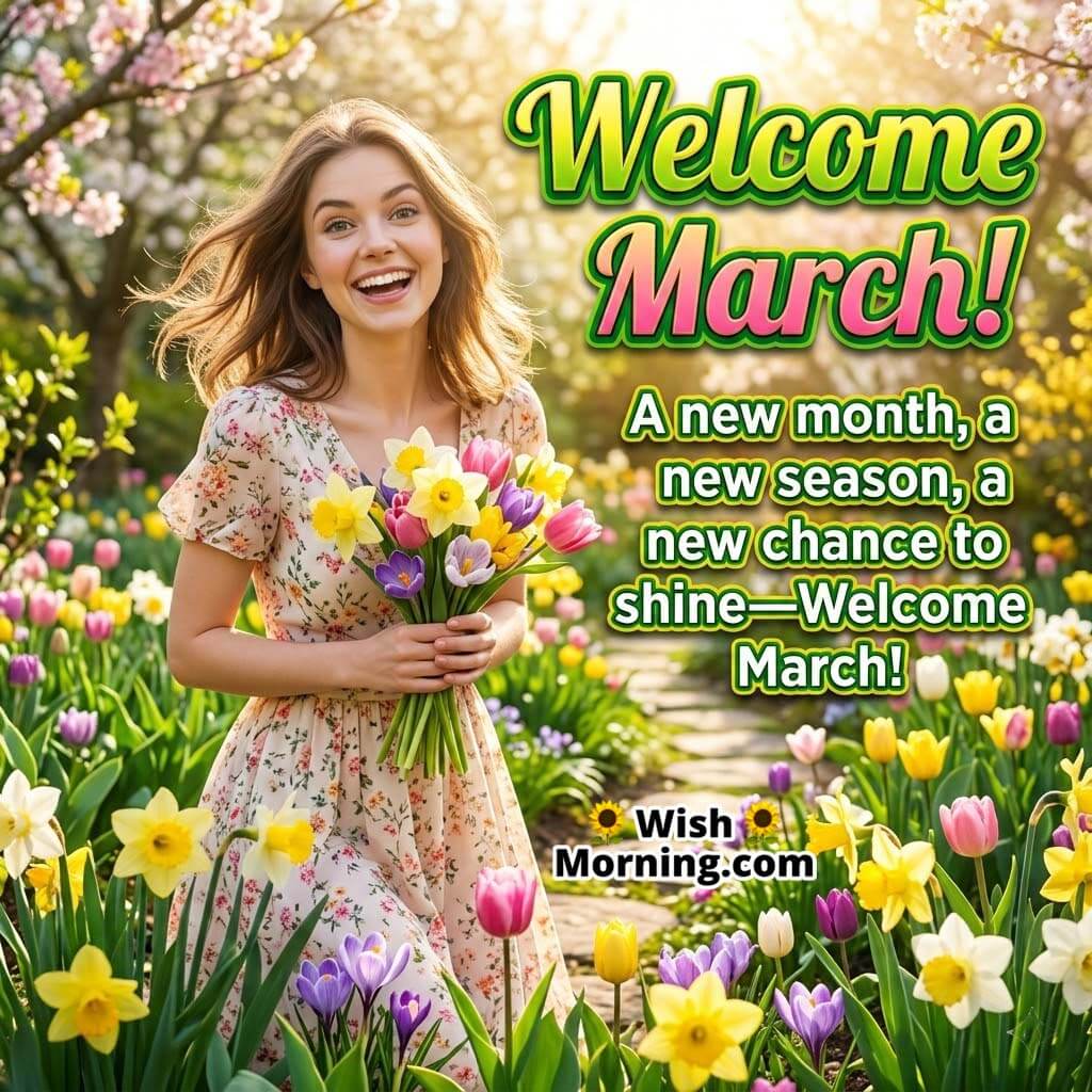 Welcome March New Season Wish Image featuring a cheerful woman holding a colorful bouquet in a blooming spring garden symbolizing a new beginning and bright opportunities.