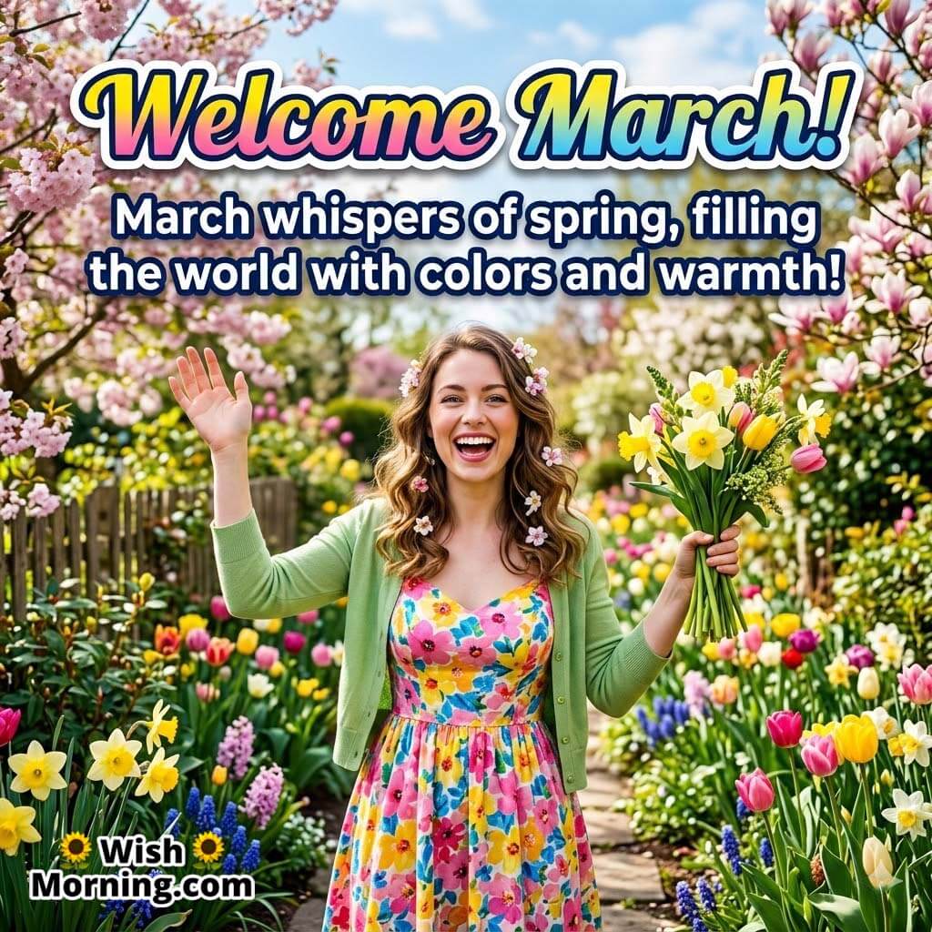 Welcome March Spring Colors Quote Image featuring a joyful woman waving while standing among vibrant flowers and cherry blossoms symbolizing warmth, renewal, and seasonal beauty.