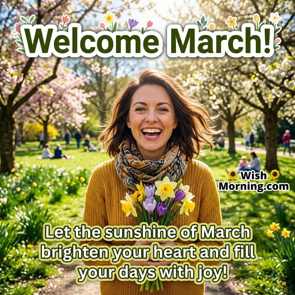 Welcome March Sunshine Happiness Message Image featuring a smiling woman holding spring flowers in a sunny park with blossoming trees symbolizing joy, positivity, and bright days ahead.