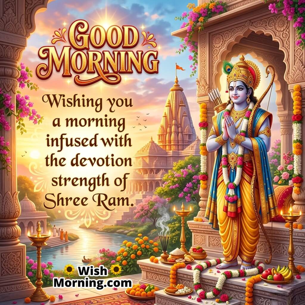 Devotional Good Morning Shree Ram Strength Message Image featuring Lord Ram standing with folded hands near temple, river and sunrise background with flowers and diya symbolizing devotion, strength, and faith.