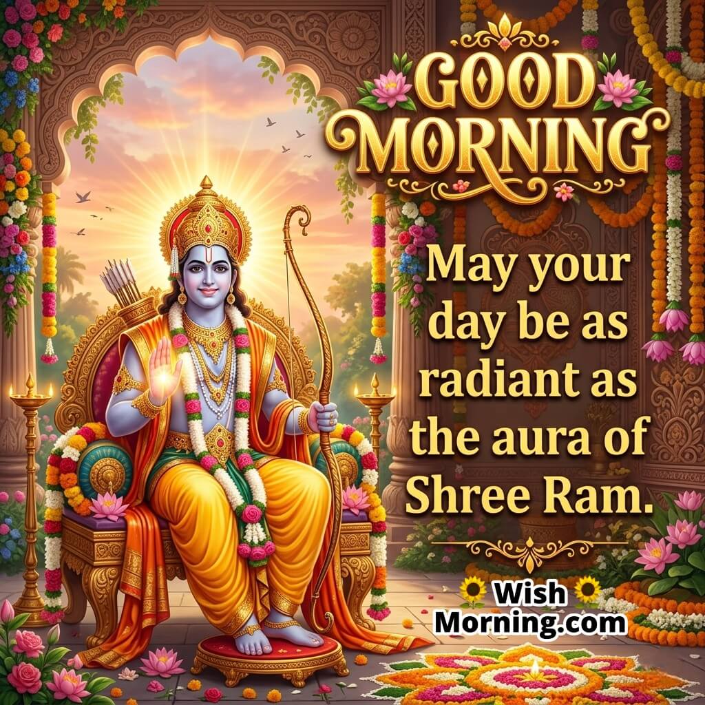Divine Good Morning Shree Ram Blessings Image featuring Lord Ram seated on a royal throne with glowing sunrise rays, temple arch, flowers, and diya decorations symbolizing peace, positivity, and divine blessings.