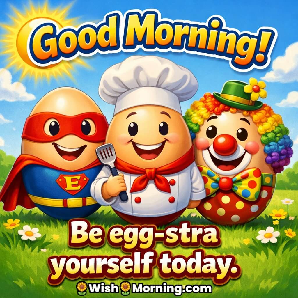 Funny Good Morning Egg Costume Image with Quote featuring eggs dressed as superhero chef and clown symbolizing fun personality and playful morning mood.