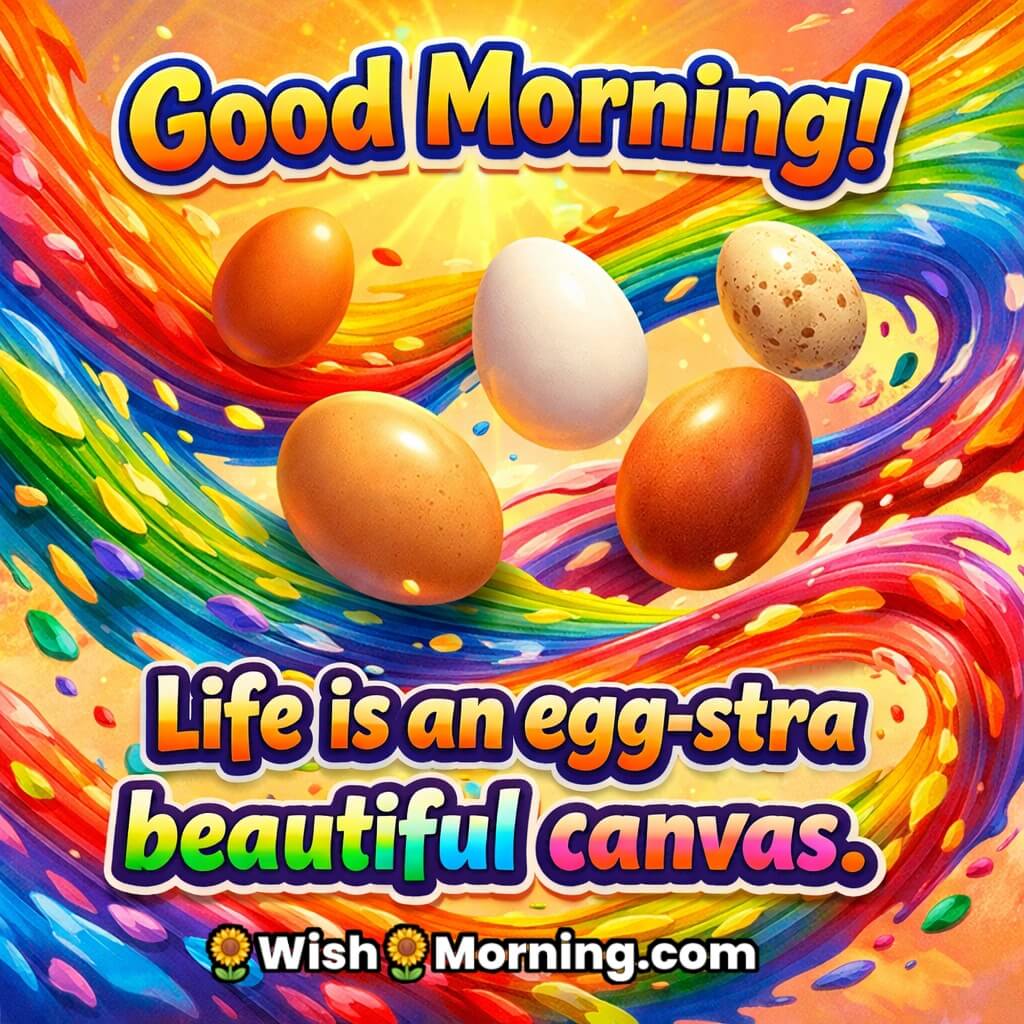 Good Morning Abstract Egg Art Image with Quote featuring colorful artistic eggs in swirling patterns symbolizing imagination and bright morning inspiration.