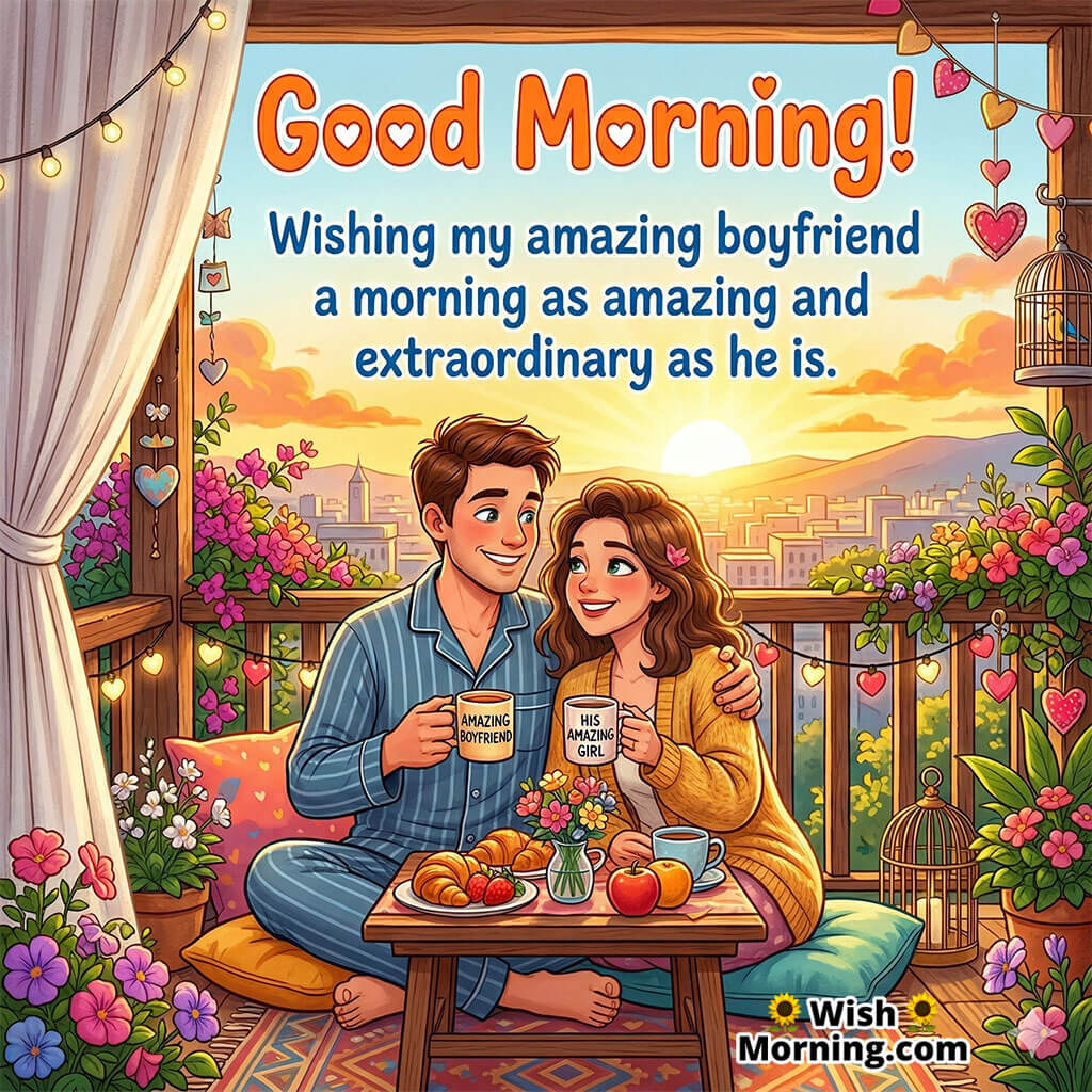 Good Morning Amazing Boyfriend Love Message Image featuring a cheerful couple enjoying a cozy morning with coffee, flowers, and loving expressions symbolizing happiness, admiration, and relationship joy.