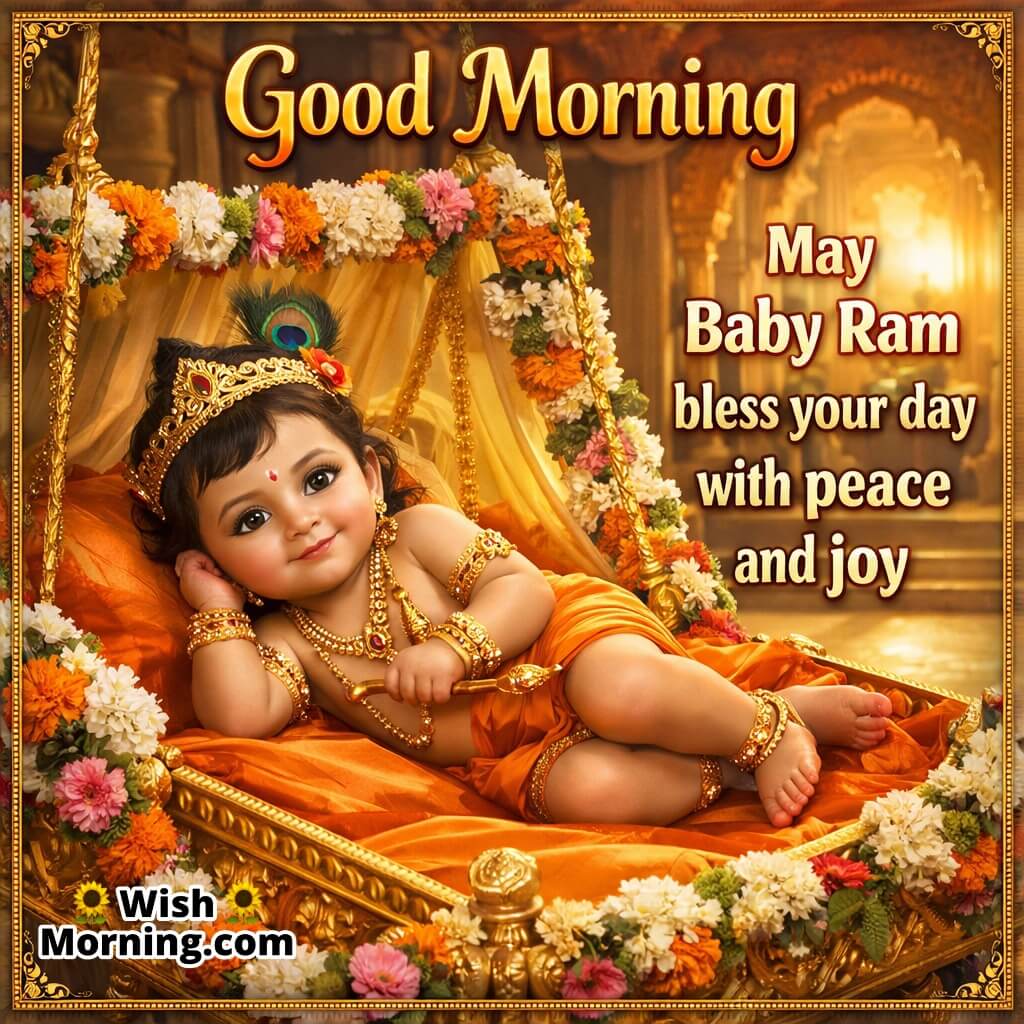 Good Morning Baby Ram Blessings Message featuring Baby Ram resting on a decorated swing with flowers and golden temple background, symbolizing divine peace and joy.