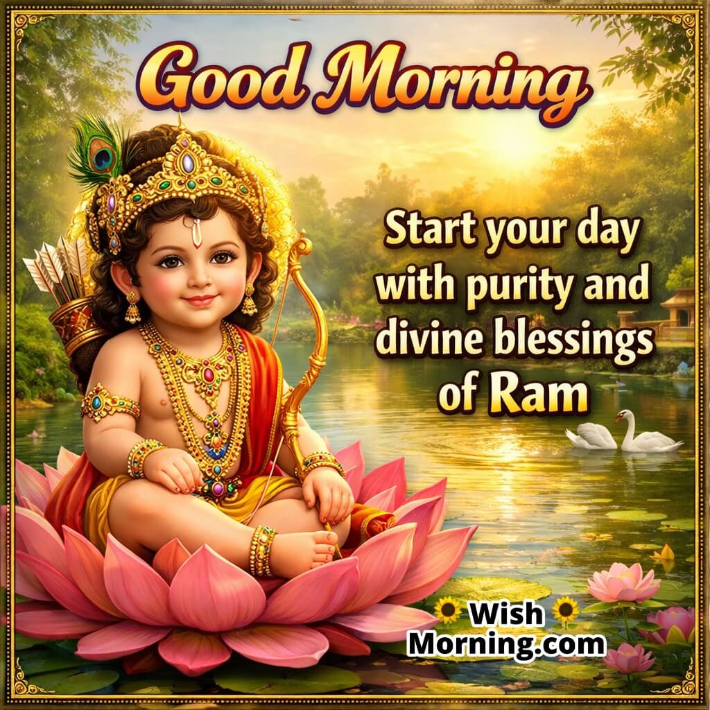 Good Morning Baby Ram Divine Message featuring Baby Ram seated on a lotus near a peaceful lake with swans, symbolizing purity, calmness, and a divine start.
