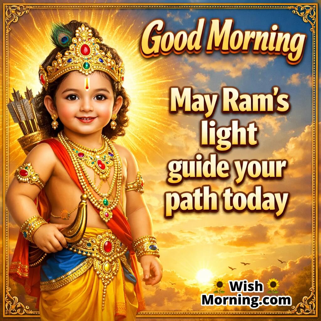 Good Morning Baby Ram Faith Message featuring Baby Ram with divine glow and bow against a sunrise sky, symbolizing faith, light, and spiritual guidance.