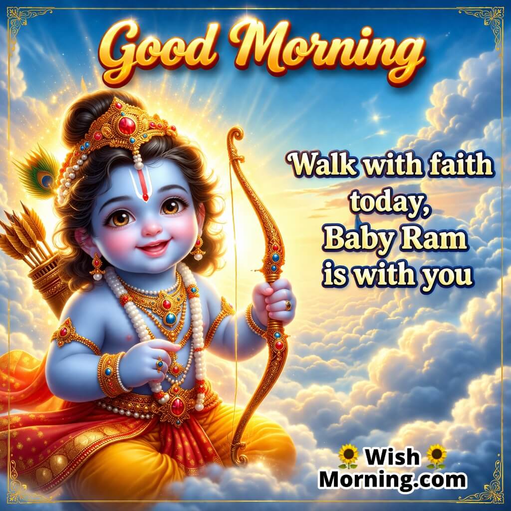 Good Morning Baby Ram Faith Quote featuring Baby Ram with divine glow holding a bow above soft clouds and sunrise sky, symbolizing faith, protection, and constant divine presence.
