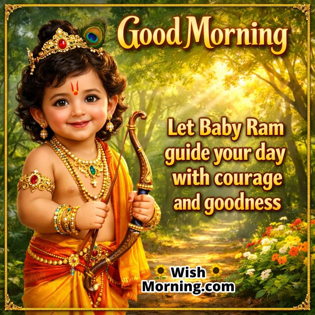 Good Morning Baby Ram Guidance Quote featuring Baby Ram holding a bow in a sunlit forest path, symbolizing courage, guidance, and righteousness.