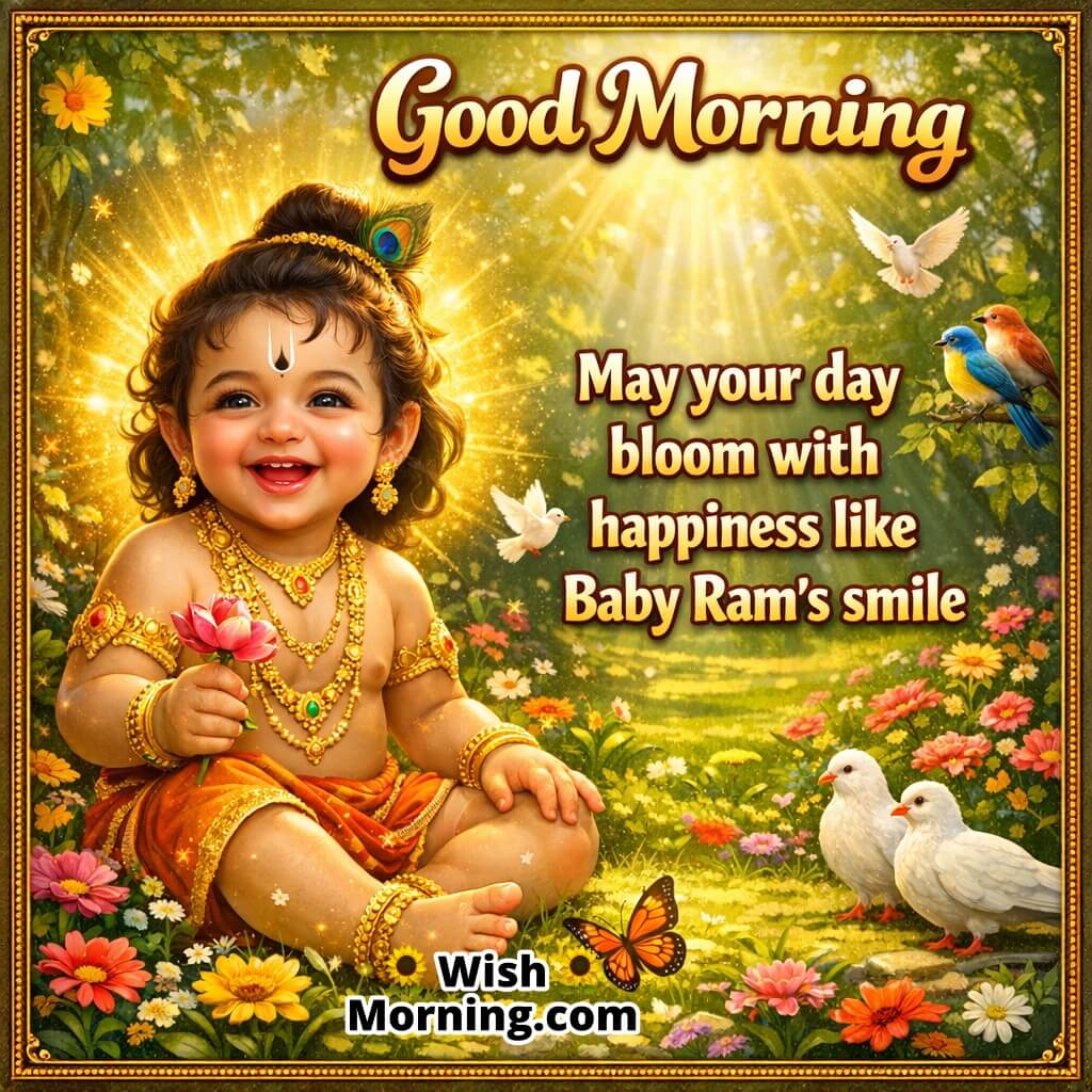 Good Morning Baby Ram Happiness Message featuring joyful Baby Ram sitting among flowers with birds and butterflies, symbolizing happiness, innocence, and positivity.