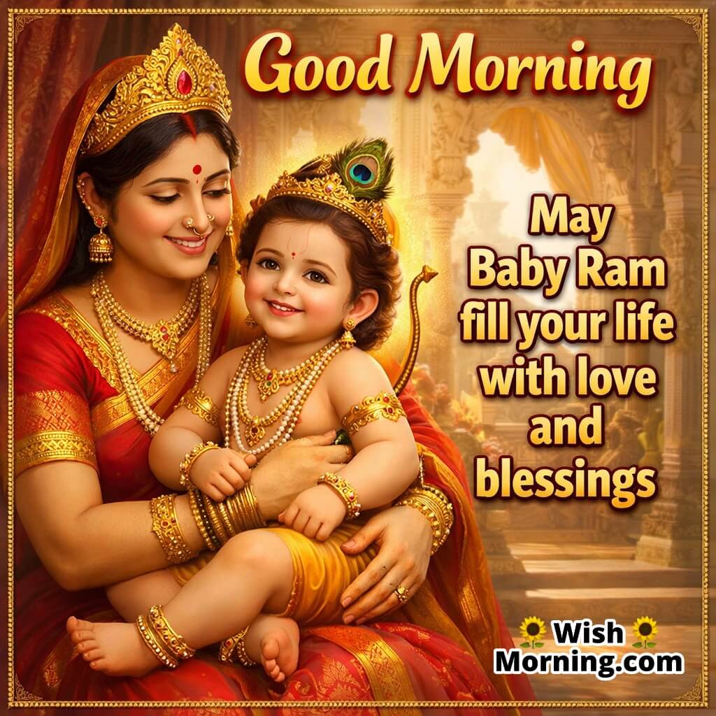 Good Morning Baby Ram Love Message featuring Baby Ram with a caring mother figure in traditional attire inside a temple setting, symbolizing love, care, and divine blessings.